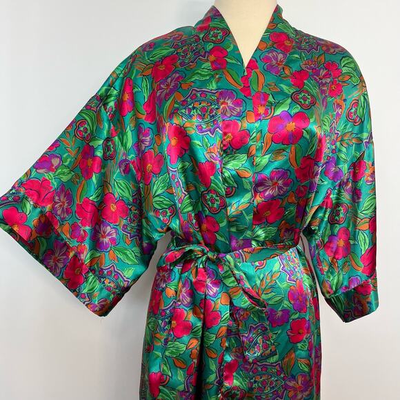 Cacique Vintage Short Satin Robe Kimono Green Floral  | Size: Small - Picture 3 of 9